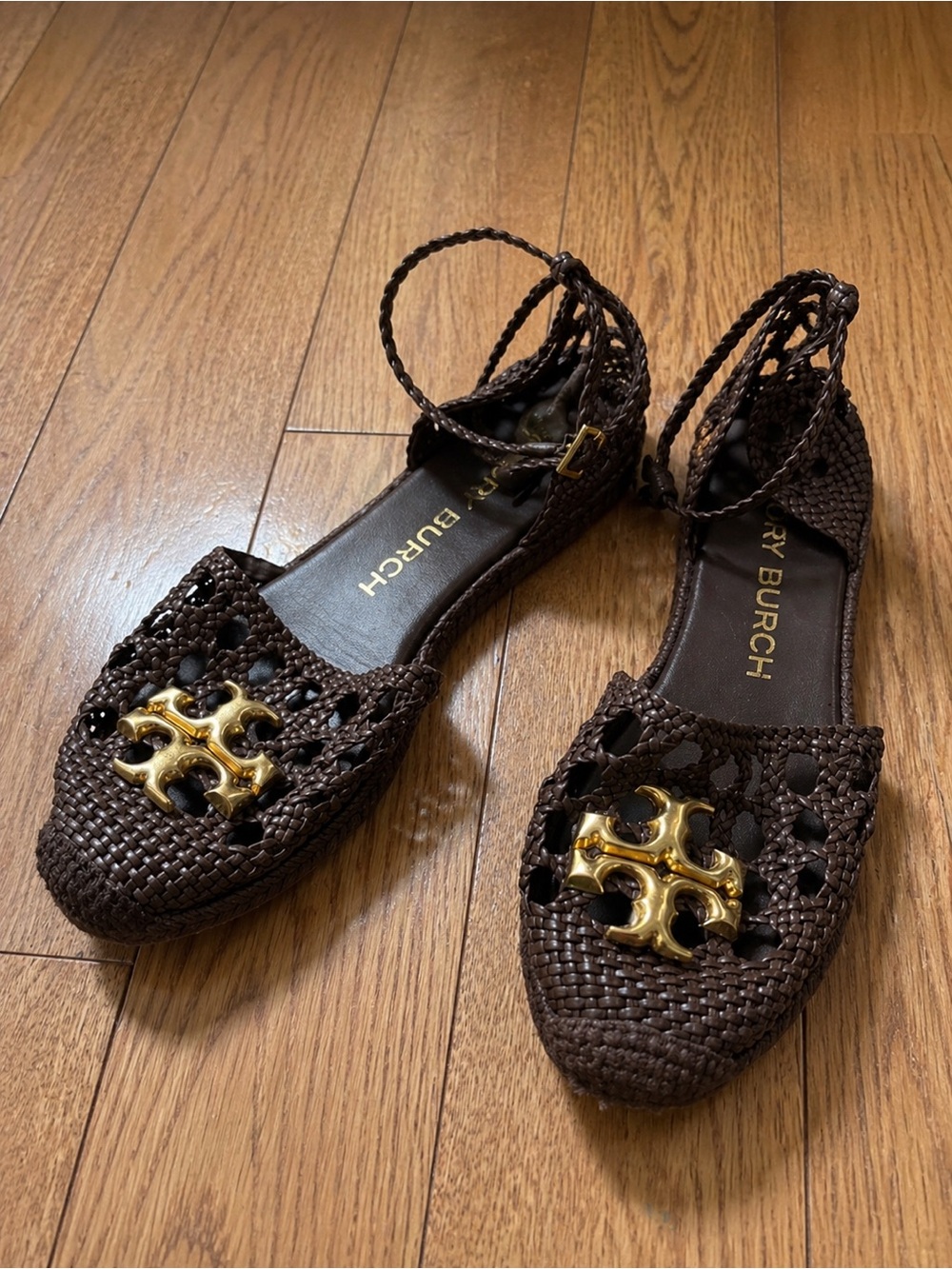 Tory Burch Dk Brown Woven Ankle-Strap Flats with Gold Logo Accent